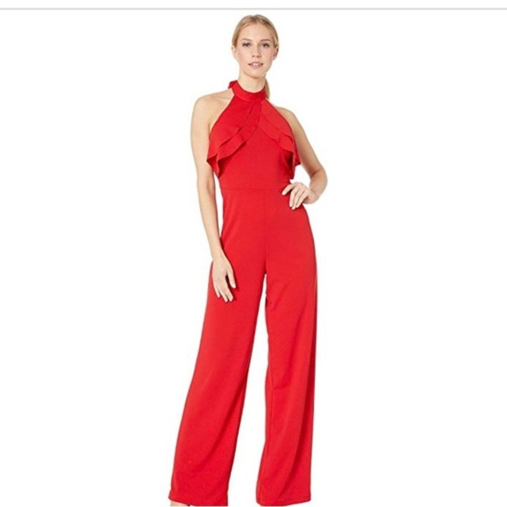 Bebe red Ruffle front belted sleeveless open back‎ Halter Jumpsuit size 2 new - Picture 2 of 15